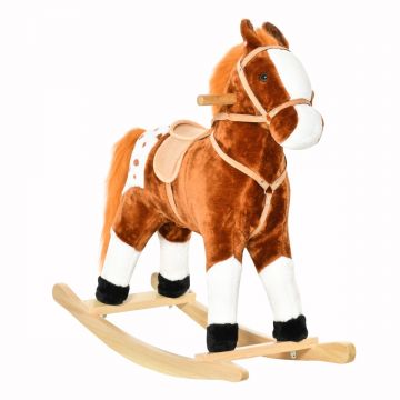 HOMCOM Căluț Balansoar din Lemn pentru Copii 3-6 Ani cu Sunet de Animal și Șa, 74x28x65 cm, Maro | Aosom Romania