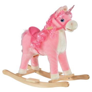 HOMCOM Unicorn Balansoar pentru Copii 36-72 Luni, Jucărie Interactivă cu Sunete din Lemn și Pluș Roz, 74x33x62cm | Aosom Romania