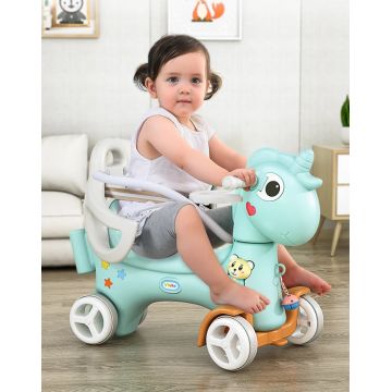 Balansoar 3 in 1 transformabil in vehicul fara pedale cu maner parental,roti EVA,centuri de siguranta,jucarie muzicala,spatar si bara de siguranta detasabile Nichiduta Garden Lovely Unicorn Blue