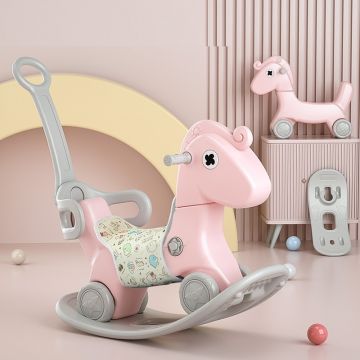 Balansoar pentru copii Nichiduta Garden Rocking Horse Pink 3 in 1 transformabil in vehicul fara pedale,cu maner parental detasabil,husa pentru sa din material textil,roti EVA,spatar si baza detasabile