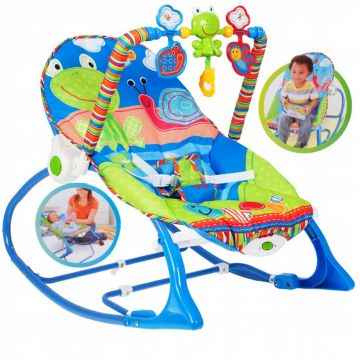 Balansoar multifunctional cu Muzica, Vibratii, bara detasabila cu 3 jucarii suspendate, Scaunel rabatabil in 2 pozitii, Husa detasabila, Blue