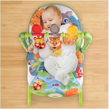 Balansoar multifunctional cu Muzica, Vibratii, bara detasabila cu 3 jucarii suspendate, Scaunel rabatabil in 2 pozitii, Husa detasabila, Green