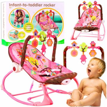 Balansoar multifunctional cu Muzica, Vibratii, bara detasabila cu 3 jucarii suspendate, Scaunel rabatabil in 2 pozitii, Husa detasabila, Pink