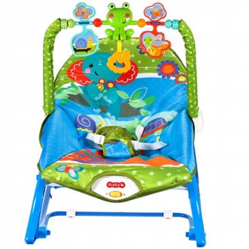 Balansoar multifunctional pliabil cu vibratii, spatar reglabil in 2 trepte si bara de jucarii detasabila, Blue Elephant