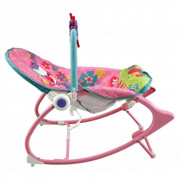 Balansoar multifunctional pliabil cu vibratii, spatar reglabil in 2 trepte si bara de jucarii detasabila, Pink Monkey