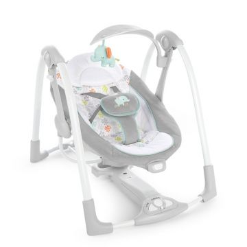 Balansoar, Ingenuity, Pliabil, Cu sistem de blocare EasyLock, Cu 5 cantece de leagan, 12 melodii si 4 sunete din natura, Include jucarie in forma de elefant, Alimentare prin cablu USB sau baterii, 0-9 luni, Gri