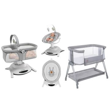 Pachet complet pentru primele zile, Balansoar si landou, Lionelo, Bella, 2 in 1, Rotire 360 grade, Scaun reglabil, 6 miscari unice + Patut co-sleeper, Lionelo, Luna, 2 in 1, Cu laterala culisanta, Cu setare unghiulara, Gri