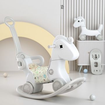Balansoar pentru copii Nichiduta Garden Rocking Horse White 3 in 1 transformabil in vehicul fara pedale,cu maner parental detasabil,husa pentru sa din material textil,roti EVA,spatar si baza detasabile