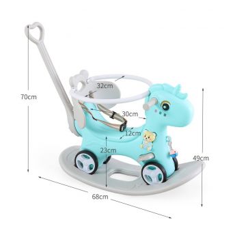 Balansoar 3 in 1 Nichiduta Garden Happy Unicorn Light Green, transformabil in vehicul fara pedale cu maner parental,roti EVA,centuri de siguranta,jucarie muzicala,spatar si bara de siguranta detasabile