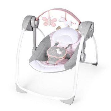Balansoar electric bebelusi, Ingenuity, Comfort 2 Go, Flora the Unicorn, 2 pozitii inclinare, 12 melodii, Temporizator 30/45/60 min, Centura siguranta 5 puncte, Pliabil pentru calatorii, Fara BPA, 0-9 luni, Roz