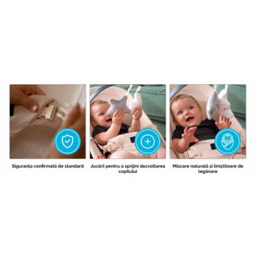 Balansoar ergonomic pentru copii Kidnort Moln Black, cu centura de siguranta, bara cu jucarii detasabila, spatar ajustabil, pliabil si usor de transportat