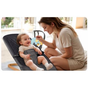 Balansoar 2in1 pentru bebelusi Nukido Baby Bouncer Antracit, de la nastere si pana la 9kg, Pliabil, Centura de siguranta, Spatar reglabil, Husa detasabila si jucarii