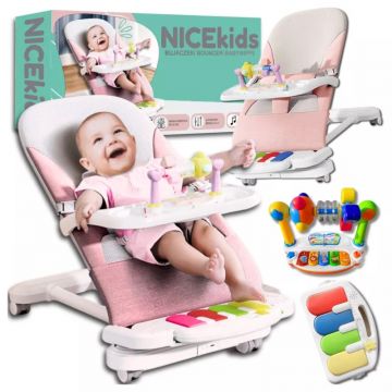 Balansoar pentru copii NiceKids, pliabil, cu roti si pian detasabil, 3 nivele de inclinare, tavita detasabila, Jucarii interactive atasate, 40 x 68 x 67 cm, Pink