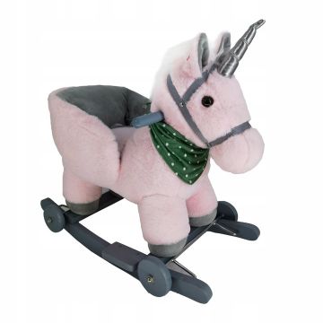 Calut balansoar interactiv pentru copii Matadi, prevazut cu roti, spatar si efecte sonore realiste, realizat din plus pink unicorn, dimensiune 65 x 50 x 36cm