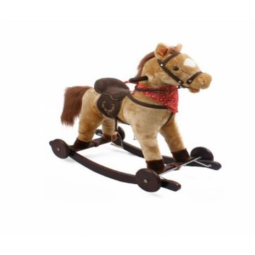 Calut balansoar pentru copii Novokids Rocking Horse Beige din plus, cu melodii, roti, platforma detasabila, functie trotineta fara pedale, dimensiuni 74x37x64 cm, greutate suportata 50 kg