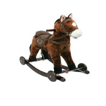 Calut balansoar pentru copii Novokids Rocking Horse Maro din plus, cu melodii, roti, platforma detasabila, functie trotineta fara pedale, dimensiuni 74x37x64 cm, greutate suportata 50 kg