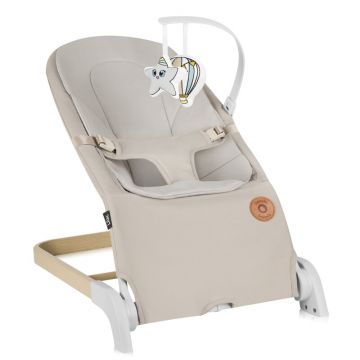 Fotoliu balansoar, Lionelo, Lilac, Cu arcada cu jucarii, Ergonomic, Reglare spatar in 3 pozitii, Pernuta moale invelita in tesatura de bambus, Pliabil, 0-6 luni, Bej