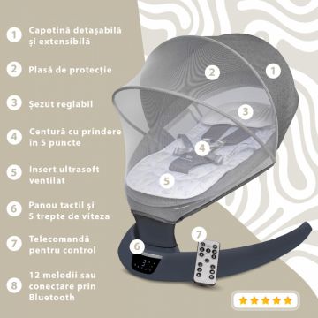 Leagan electric pentru bebelusi cu spatar reglabil si senzor de miscare AppeKids Evoque Powder Grey