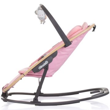Scaunel balansoar Chipolino Senso Pink Marshmallow Wood cu spatar reglabil, bara de jucarii, suport pentru cap, centuri de siguranta, pliere compacta